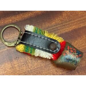 Vintage European Souvenir Brass Bell Keychain, Mini Floral Cow Bell Alpine Style